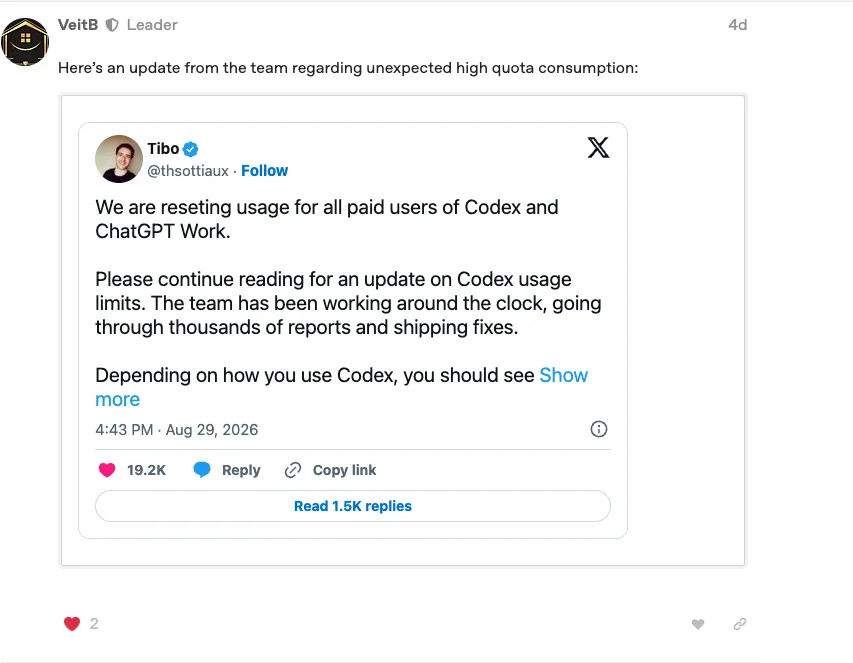 OpenAI Developer Community user post relaying reported Codex quota-consumption fixes