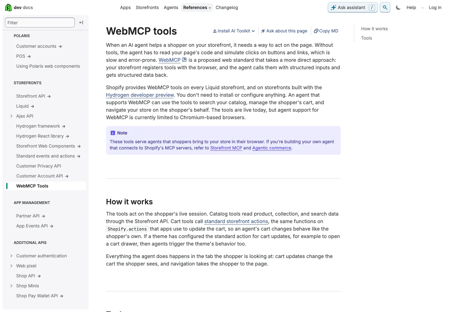 Shopify WebMCP documentation describing tools for Liquid and Hydrogen storefronts
