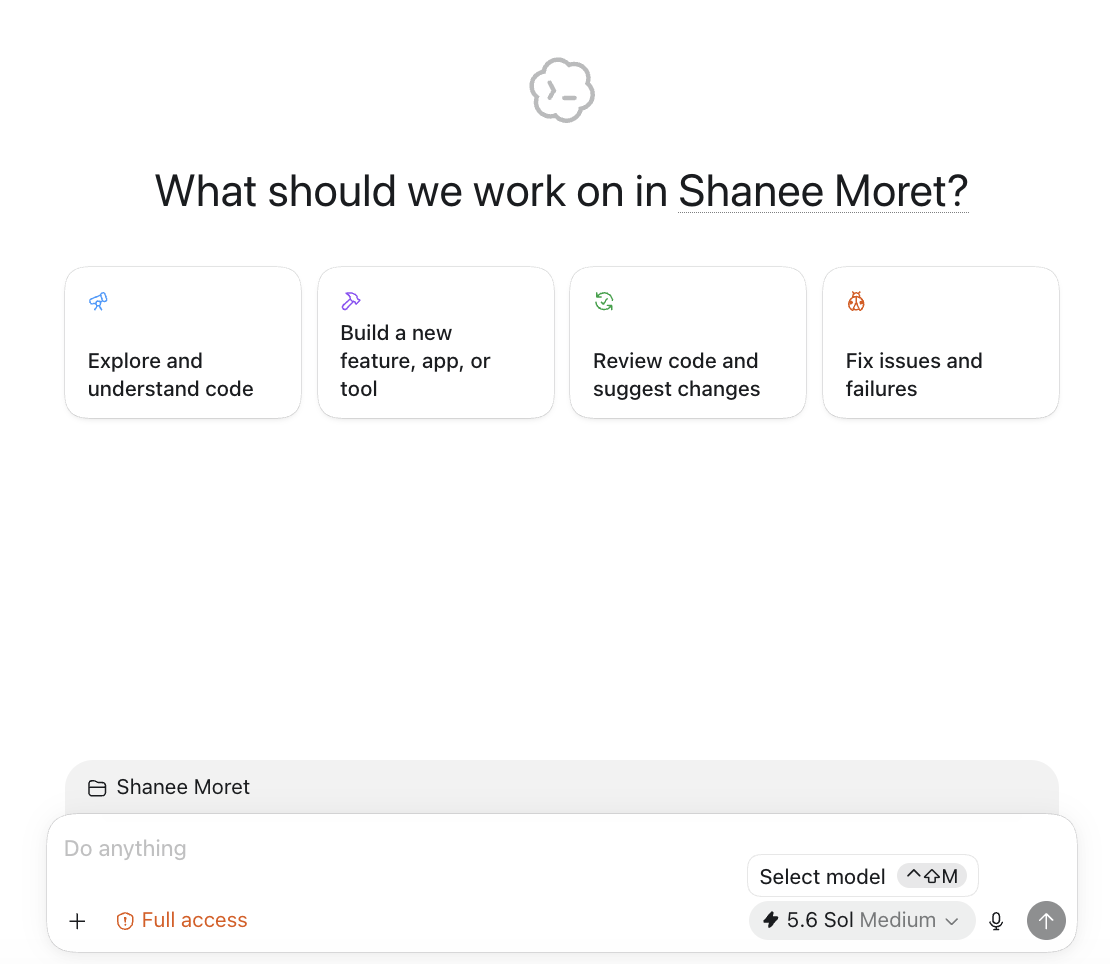 Codex mode home screen asking What should we work on in a project, with four coding starter cards: Explore and understand code, Build a new feature app or tool, Review code and suggest changes, and Fix issues and failures.