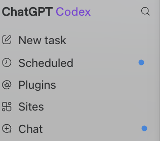 The new ChatGPT app sidebar showing five items: New task, Scheduled, Plugins, Sites, and Chat.