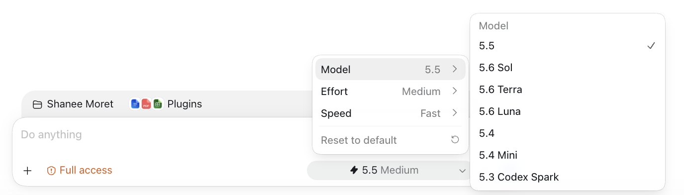 The composer in the new ChatGPT app with the model menu open, showing Model, Effort, and Speed settings and a model list including 5.5, 5.6 Sol, 5.6 Terra, 5.6 Luna, 5.4, 5.4 Mini, and 5.3 Codex Spark. A Full access indicator and Plugins chips are visible on the composer.