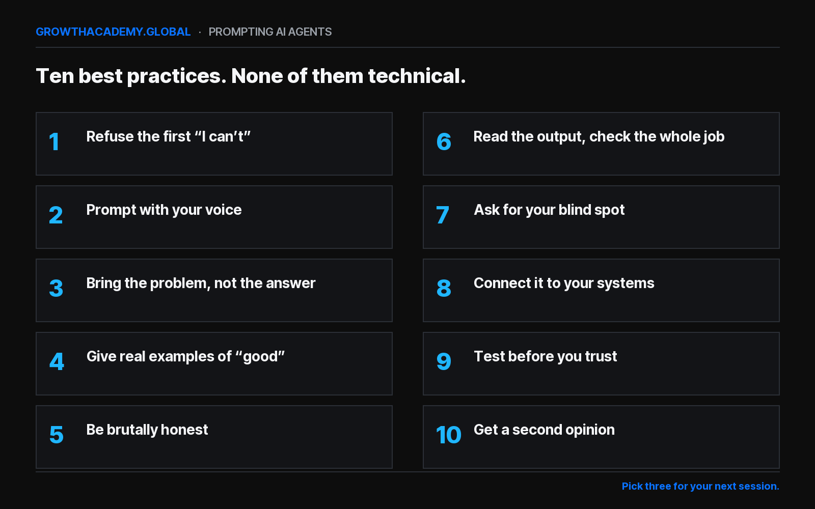 The ten best practices for prompting and working with AI agents: refuse the first I can't, prompt with your voice, bring the problem not the answer, give real examples, be brutally honest, read the output and check the whole job, ask for your blind spot, connect it to your systems, test before you trust, and get a second opinion.