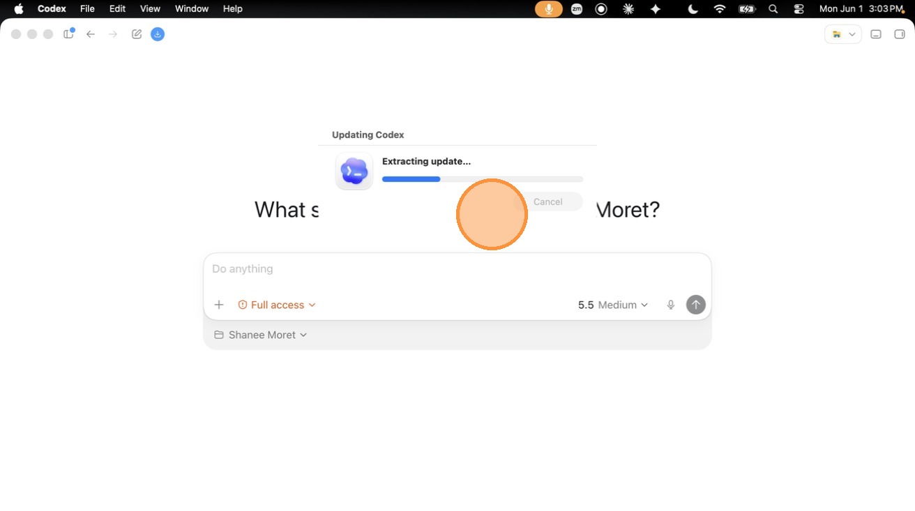 Codex updating before the app closes and restarts