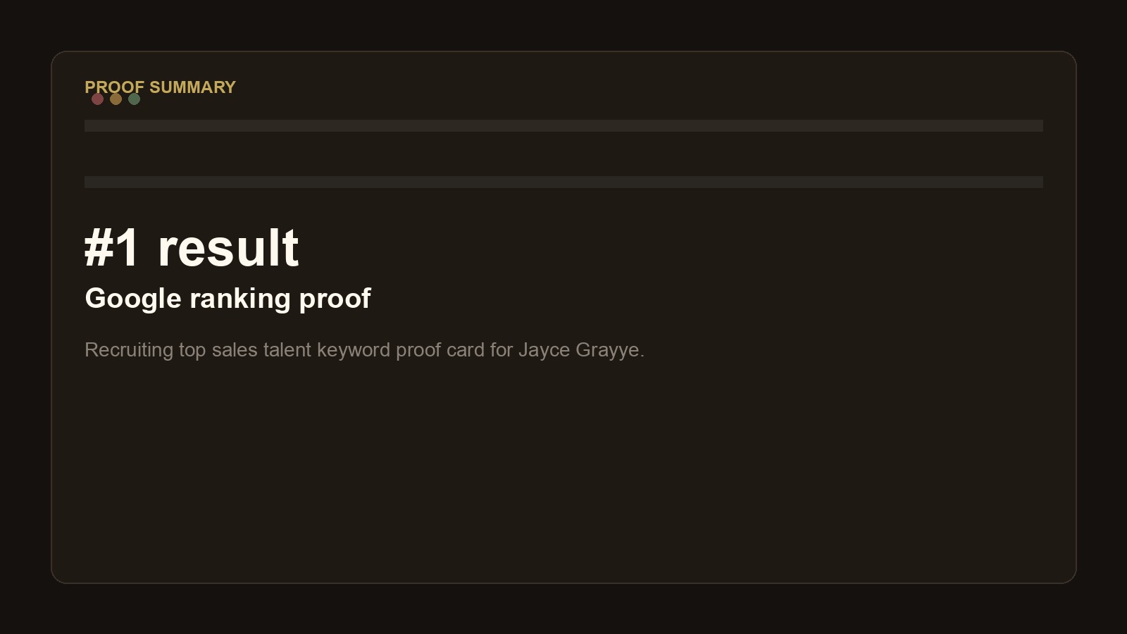 Proof summary card for Jayce Grayye's Google ranking result